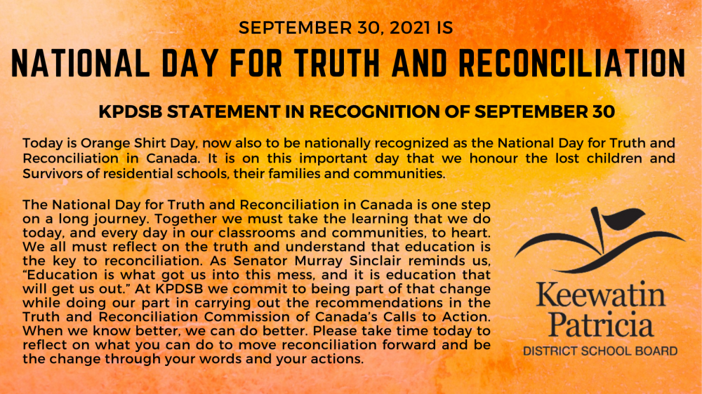 KPDSB Statement on National Day for Truth and Reconiciliation